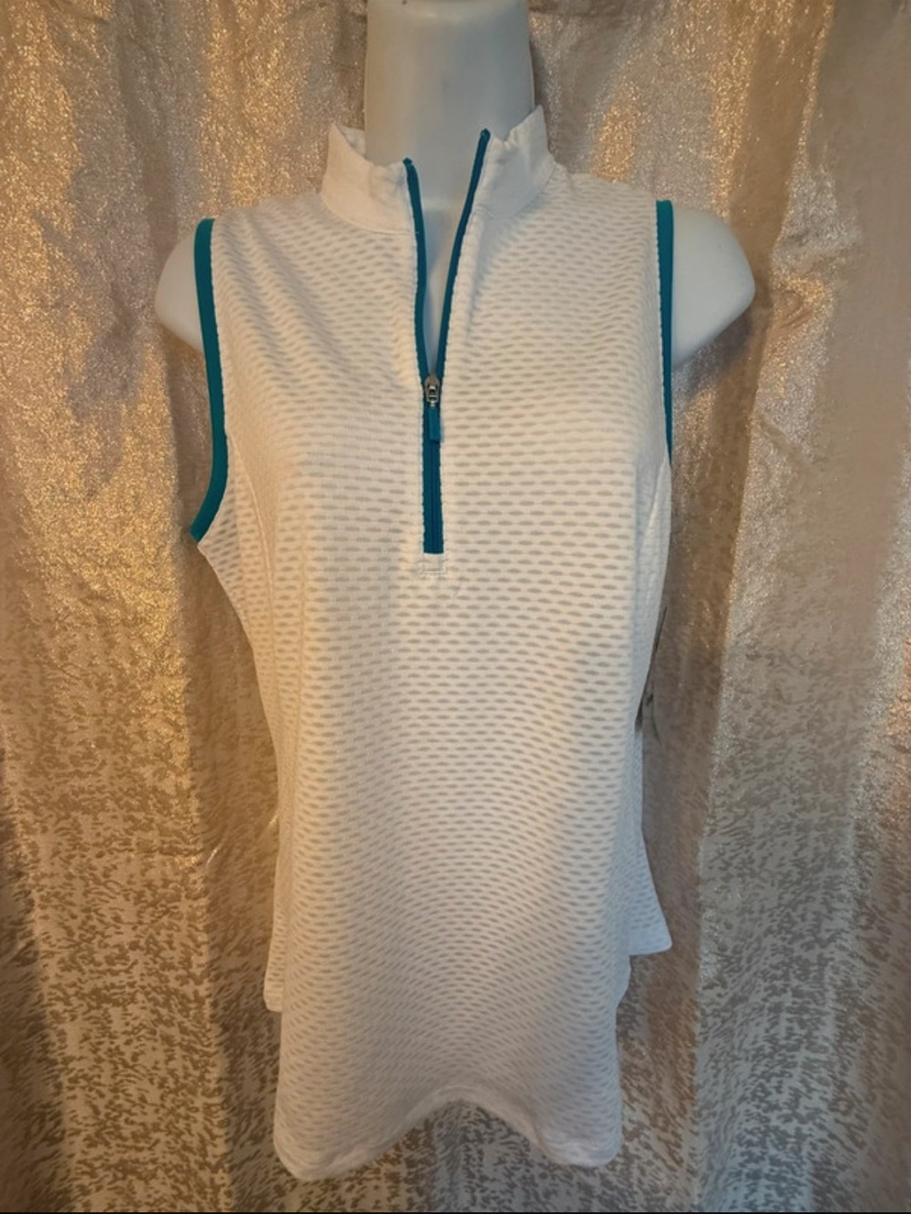 PGA Tour White Sleeveless Zip Polo with Teal Trim